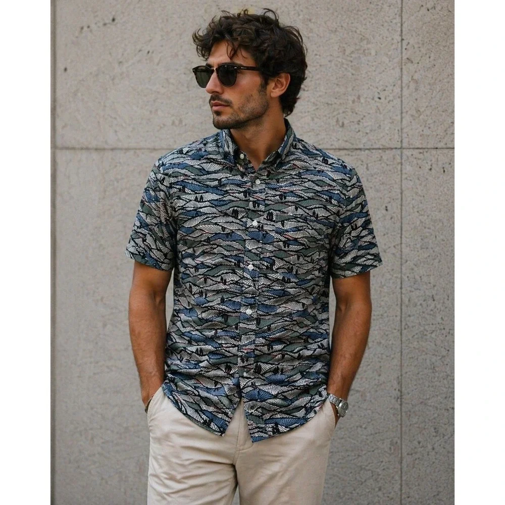 J.‎ Crew Shirt Mens Small Blue Slub Abstract Wave Print Button Down Beach BE958